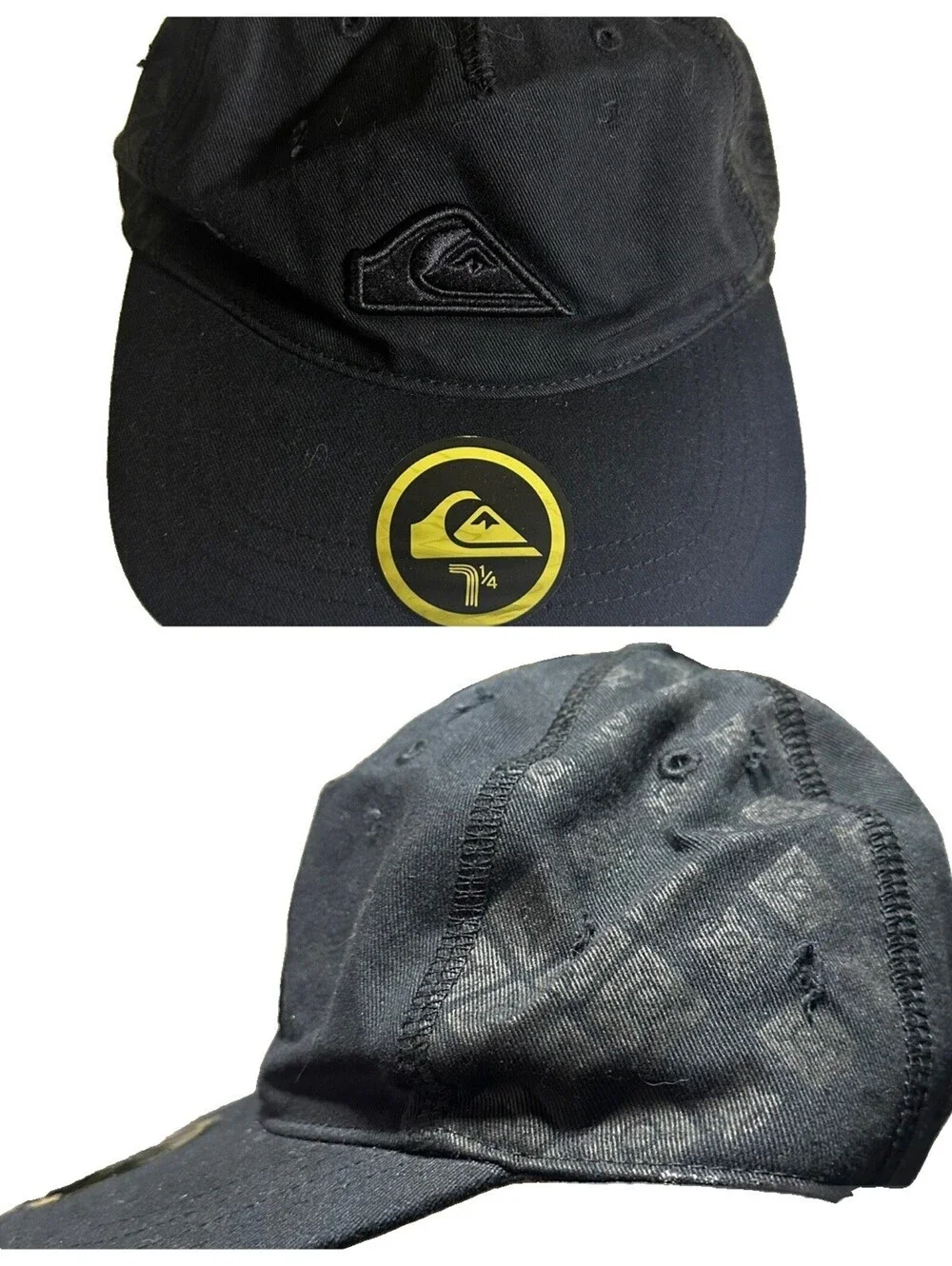 Y2K 2000’s Quiksilver Hat Skater Grunge Burnout Print Black Baseball Fitted Sz S